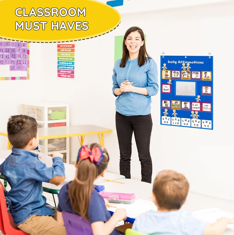 ALSLEA Daily Affirmations for Kids Pocket Chart with Mirror Large Pocket Chart for Classroom, Mindfulness Affirmation Mirror for Toddler with 47 Cards Calm Down Corner Supplies (Blue) - Image 2